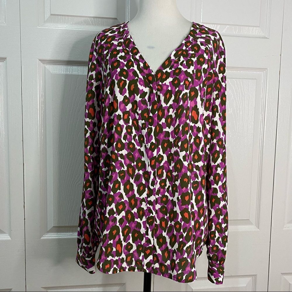 Worthington Leopard Print Colorful Long Sleeve Blouse V-neck Button Down